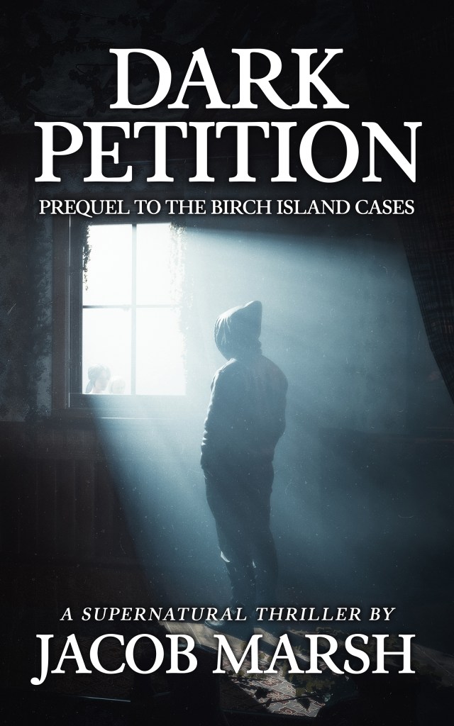 Dark Petition cover showing a young man in a hoodie looking out a window as two black-eyed children look in